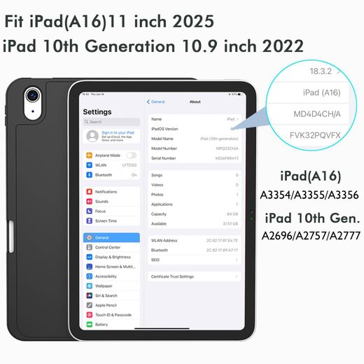 Generic Case for iPad (A16)/iPad 10th Generation 11-Inch 2025/10.9 Inch 2022, Trifold Stand Smart Cover with Pencil Holder and Soft TPU Back, Supports Touch ID(Black) - image 3