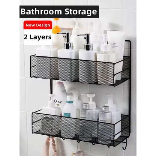Generic Metal Bathroom Shelf for Wall, Black Bathroom Organiser Without Drill, 2 layer Wall Mounted Shelf Shower Shampoo Rack With Holders Bathroom Rack, Large Capacity Adhesive Bathroom Shelf - image 4