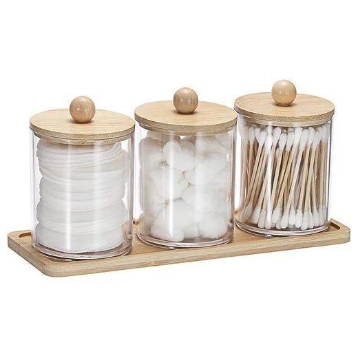 Generic 3 PCS Qtip Cotton Ball Holders Acrylic Dispenser Containers with Eco-Friendly with Bamboo Lid and Tray, Cotton Swab ,Makeup Pads and Dental Floss Dispenser, Bathroom Storage Jar Canister, Plastic Apothecary Jar for Kitchen Bathroom Dressing Table