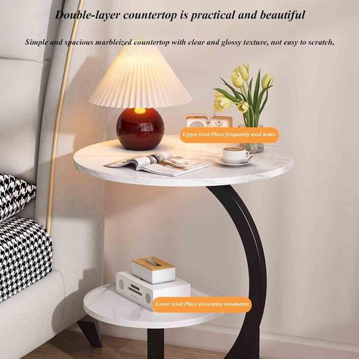 Generic Modern luxury wrought iron and wood mixed side table with a marble-patterned black tabletop - a space-saving sofa/bedside coffee table with storage shelf. - image 3