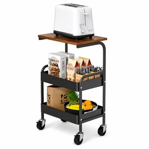 Generic End Table with Rolling Casters, 3 Tier Metal Rolling Utility Cart Organizer with Walnut Table Top,Snack Coffee Side Tables,Kitchen Storage Carts with Wheels for Kitchen,Bathroom,Living Room - image 2