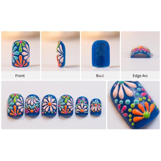 Fashion 3D Flower French Tip Press On Nails, Medium Square  Nails, Reusable Acrylics (blue  Nail Art) - image 3