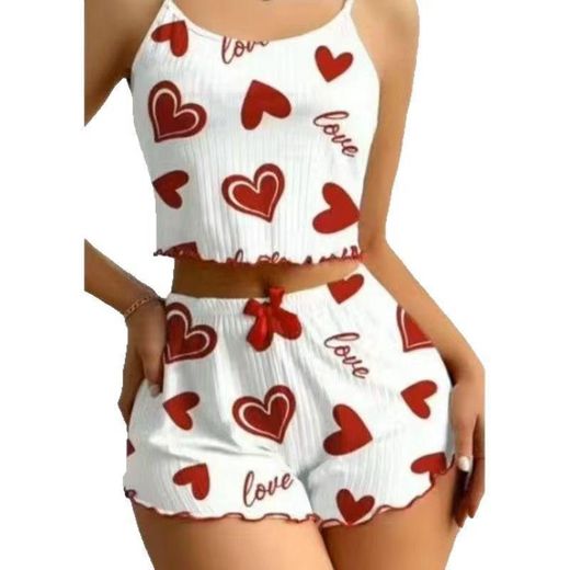 Women's 2-Piece Heart Print Cami & Shorts Pajama Set – White Ribbed Lettuce Trim Sleepwear